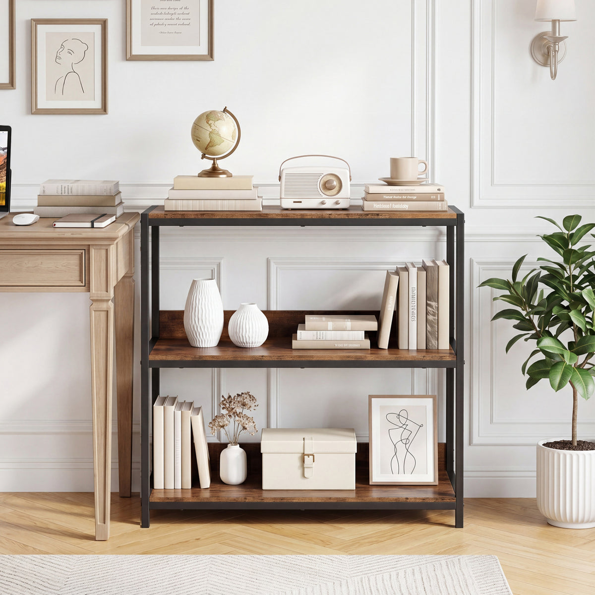 2-Pack 3-Tier Industrial Bookshelf with Metal Frame-Rustic Brown