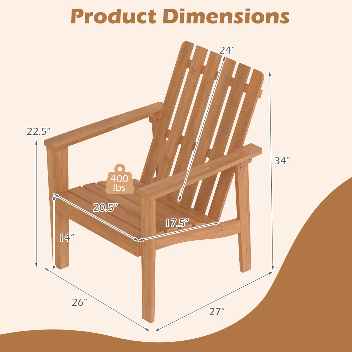 1/2 Pack Acacia Wood Outdoor Patio Chair with Slatted Backrest and Seat Built