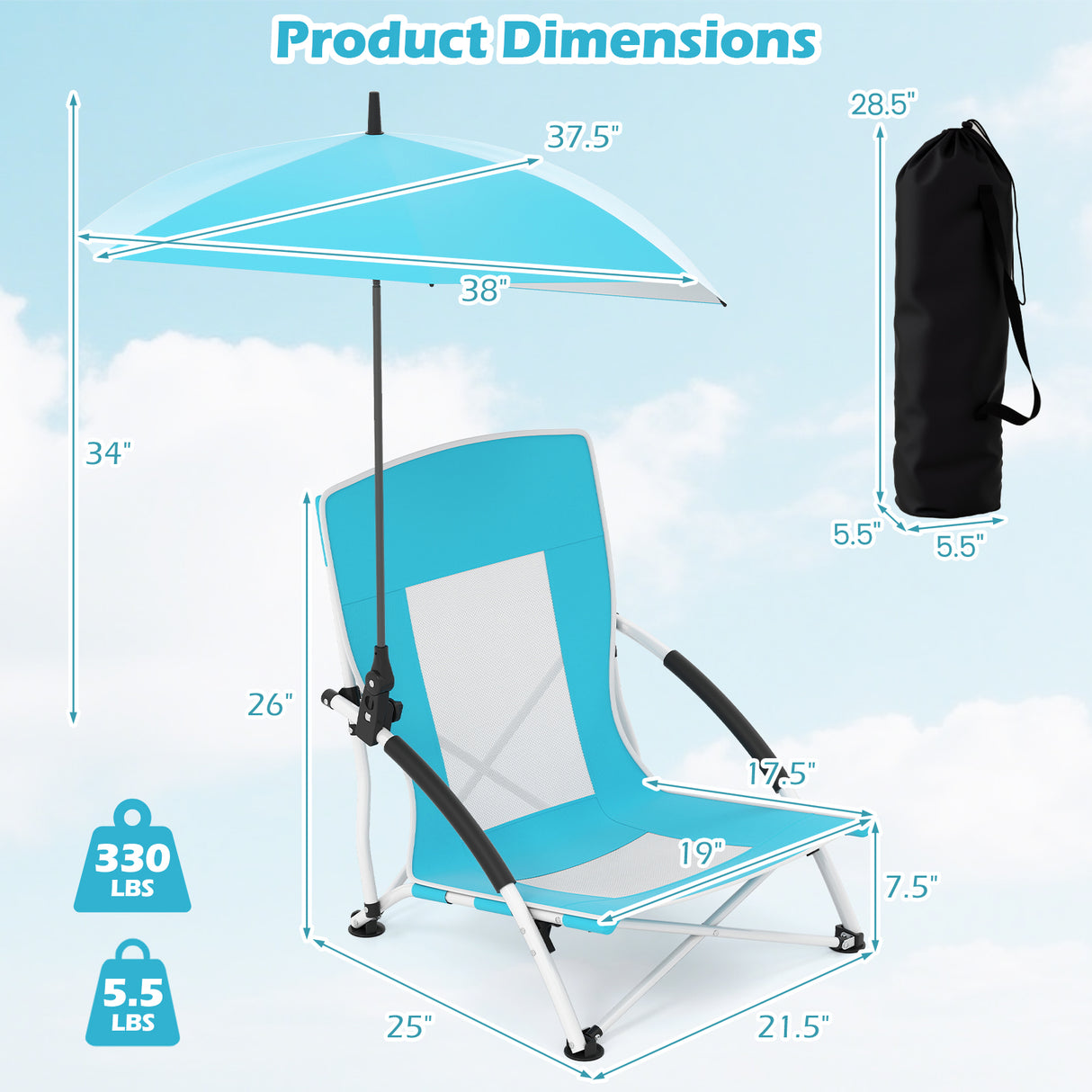 2 Pack Beach Umbrella Chair for Adults with Adjustable Parasol