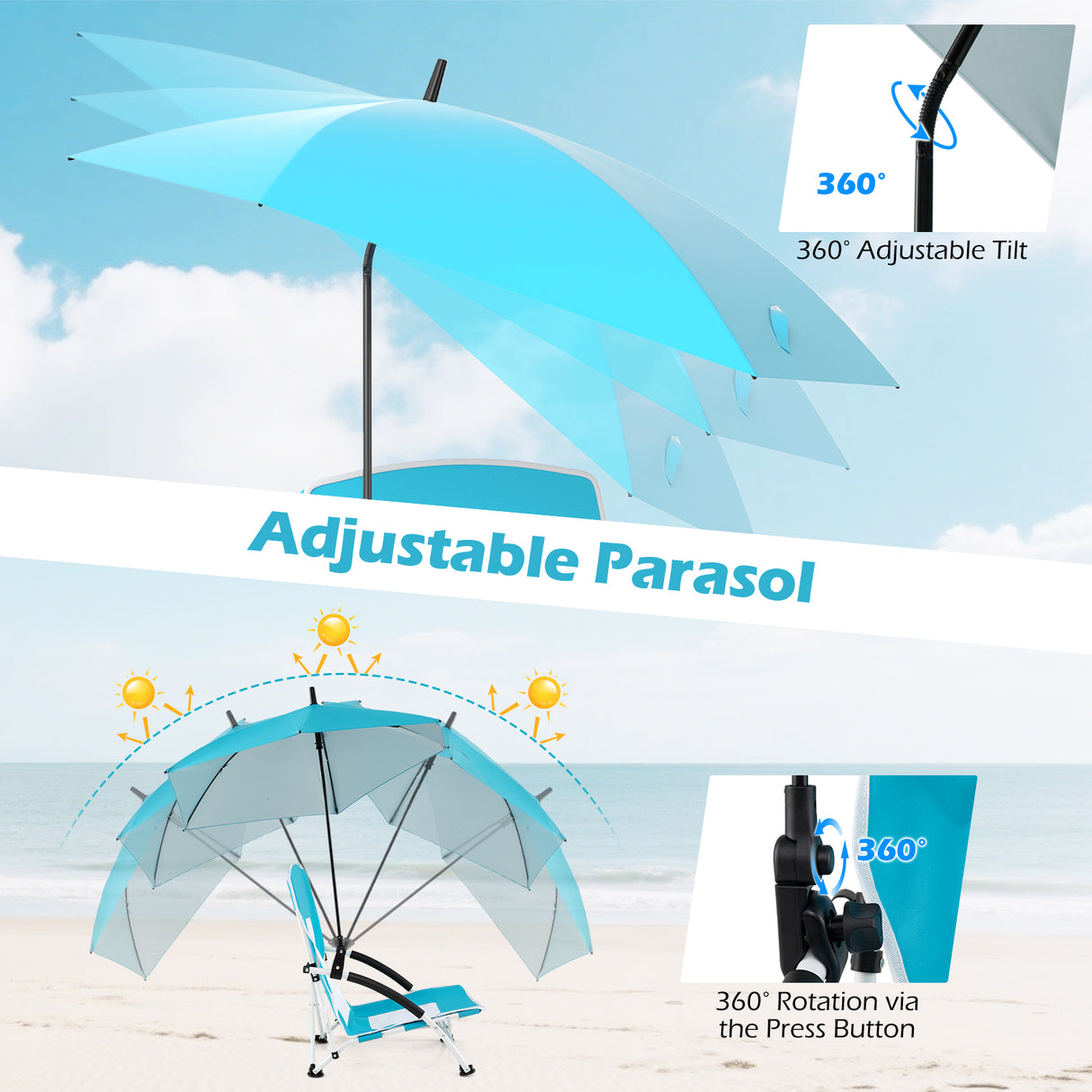 2 Pack Beach Umbrella Chair for Adults with Adjustable Parasol
