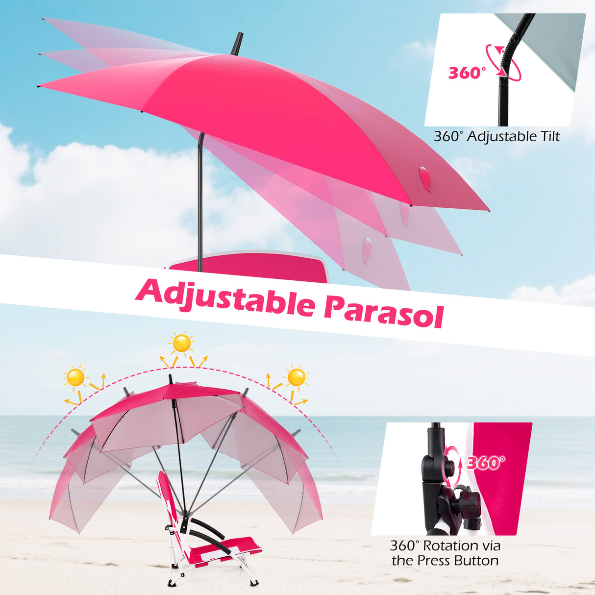 2 Pack Beach Umbrella Chair for Adults with Adjustable Parasol