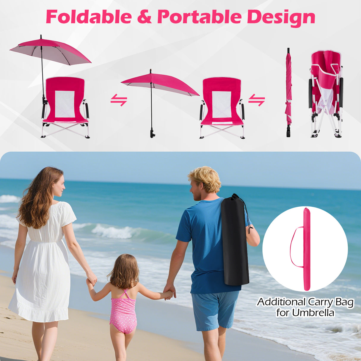 2 Pack Beach Umbrella Chair for Adults with Adjustable Parasol