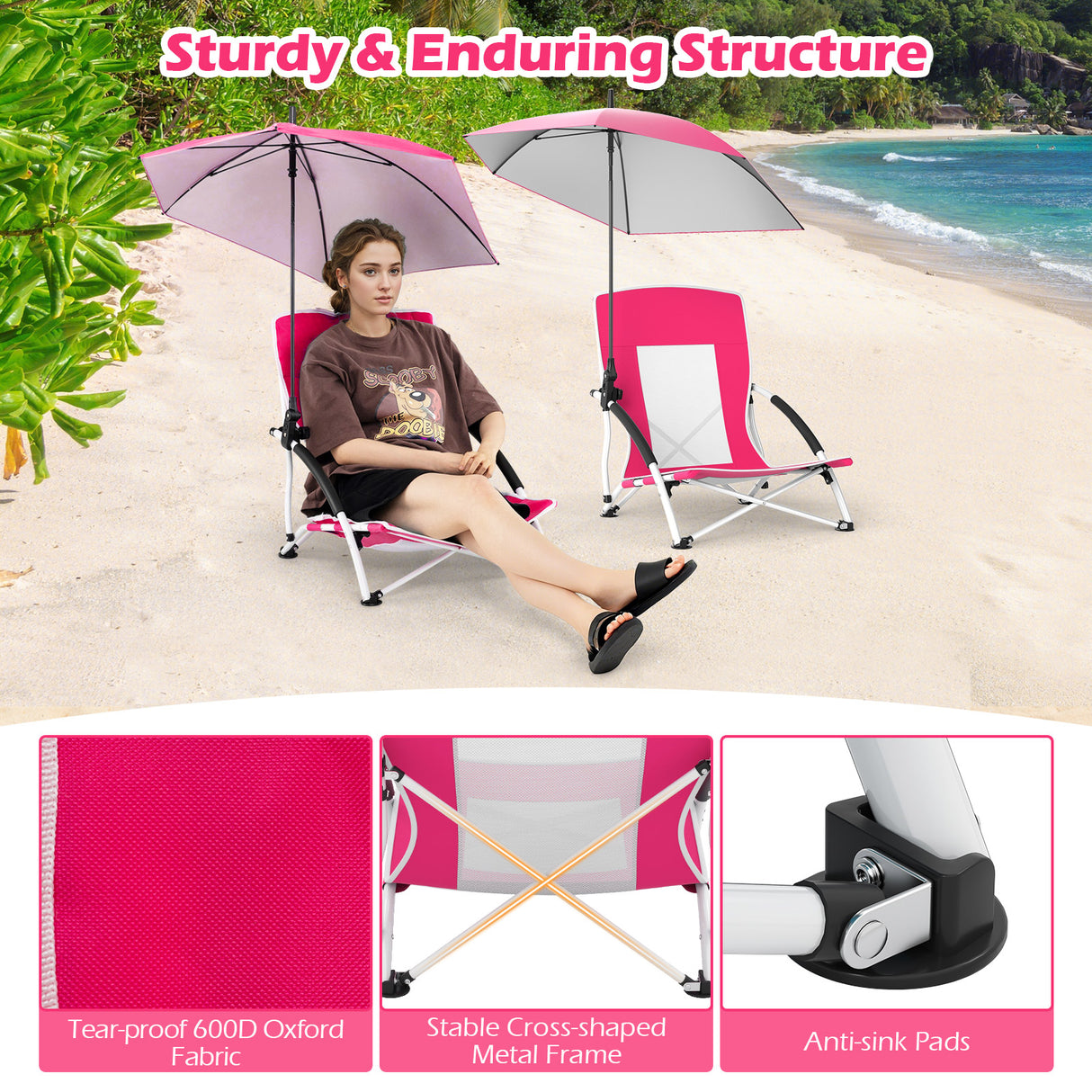 2 Pack Beach Umbrella Chair for Adults with Adjustable Parasol