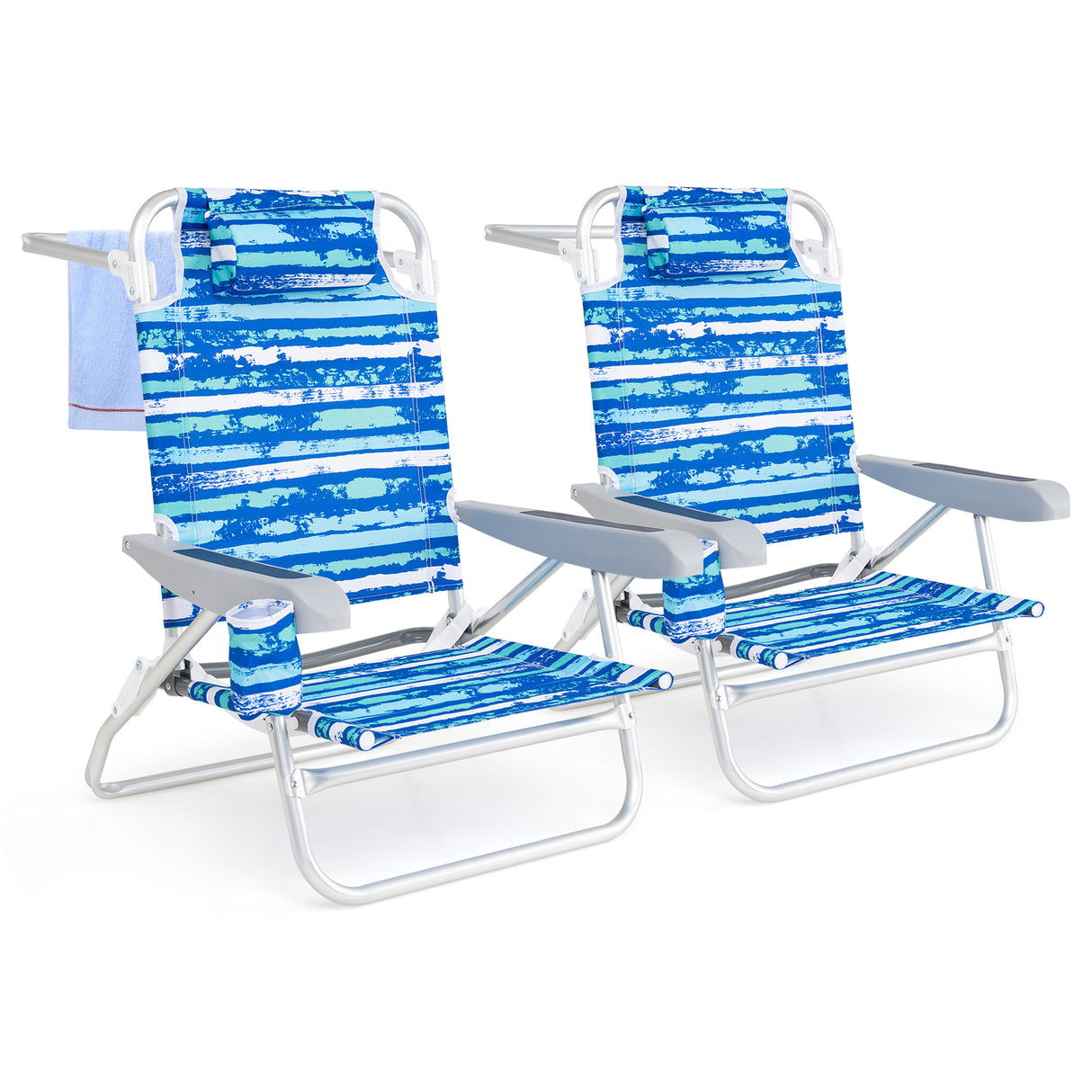 2 Pack Folding Beach Chair with Adjustable Positions and Head Pillow