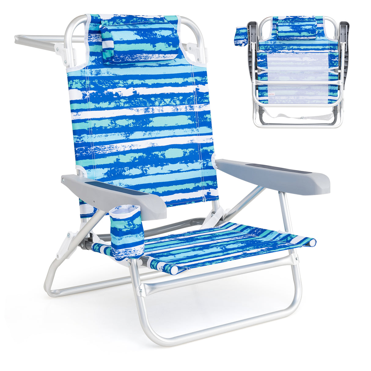 2 Pack Folding Beach Chair with Adjustable Positions and Head Pillow