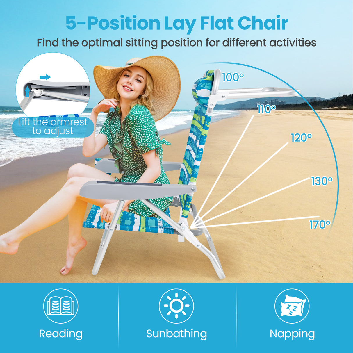 2 Pack Folding Beach Chair with Adjustable Positions and Head Pillow