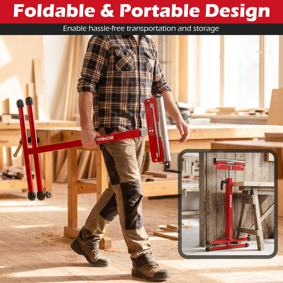 2-Pack Folding Roller Stands Portable Outfeed Supports with Adjustable Height
