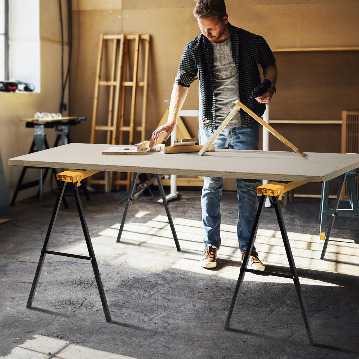 2 Pack Heavy Duty Sawhorse with Steel Folding Legs