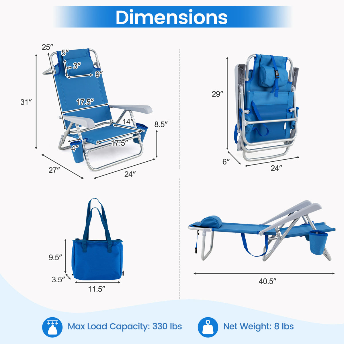 2 Pack Portable Folding Beach Chair with 7-Position Backrest
