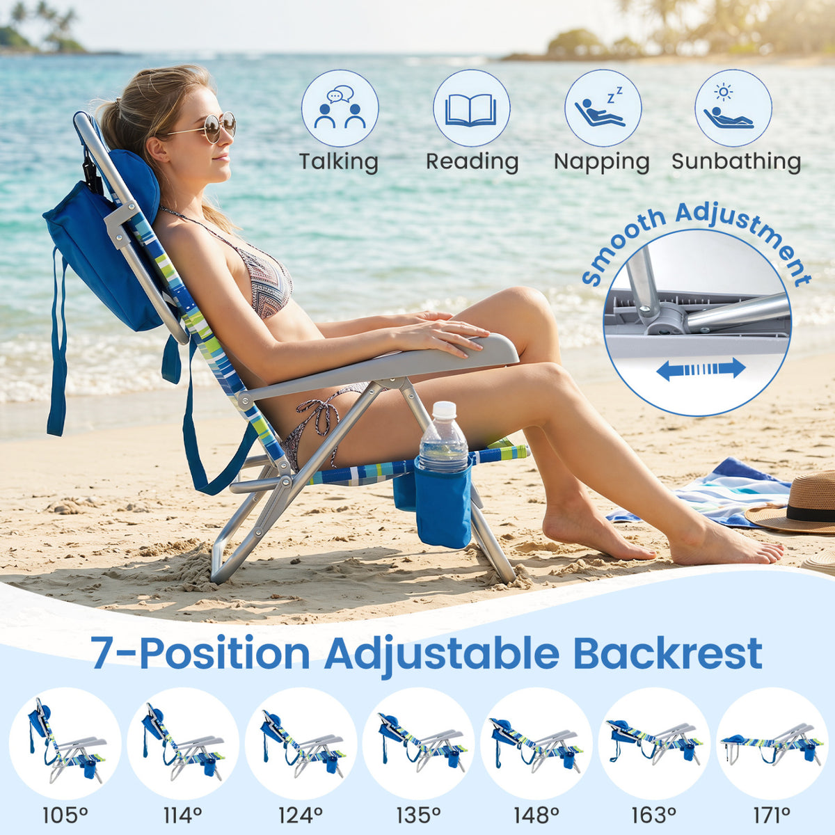 2 Pack Portable Folding Beach Chair with 7-Position Backrest