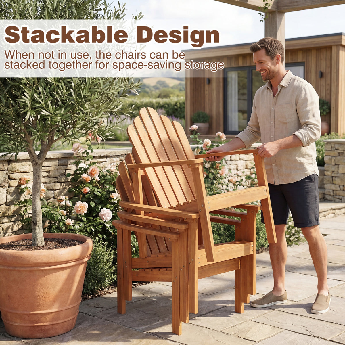 2-Pack/1-Pack Stackable Adirondack Chairs with Solid Acacia Wood for Patio
