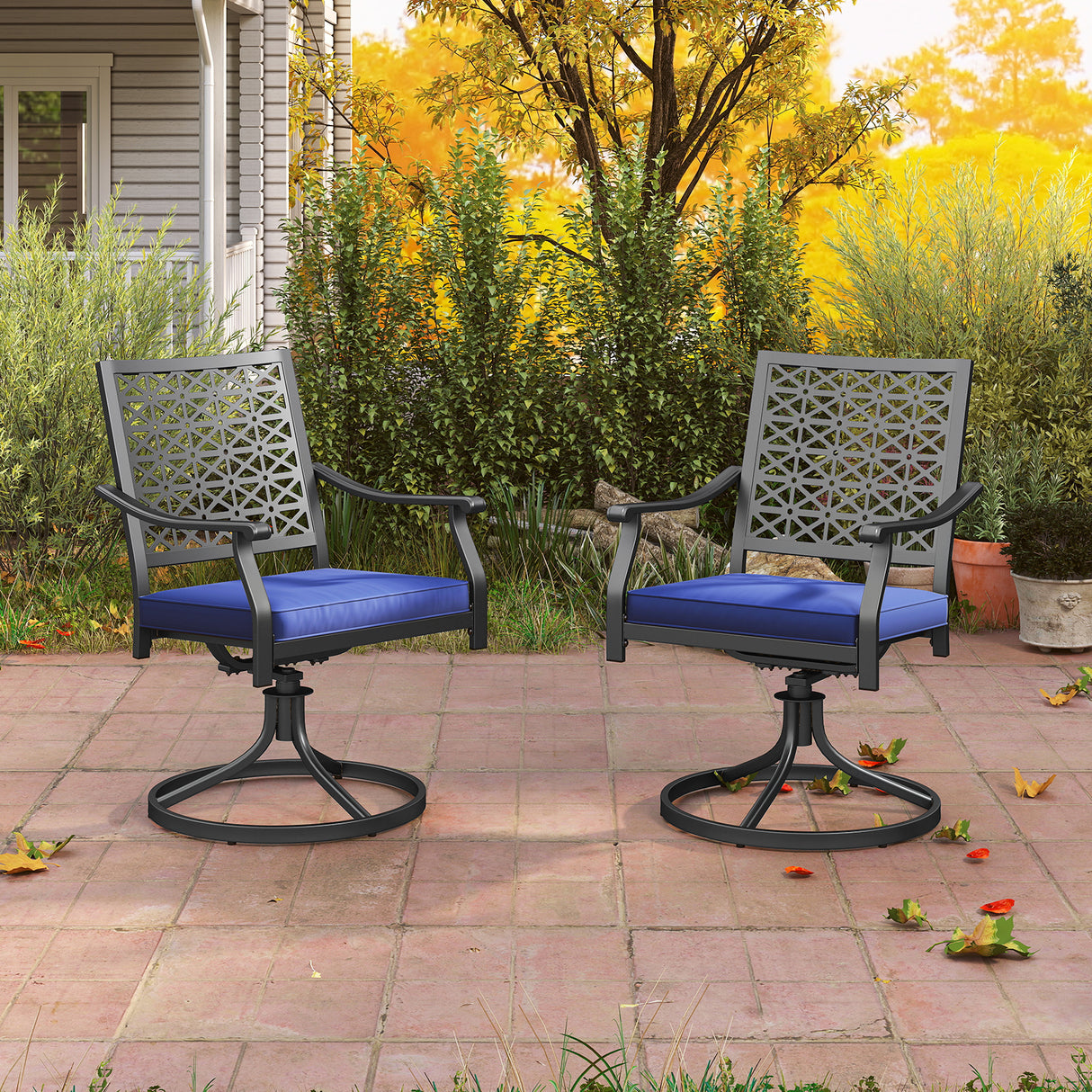 2 Pack Swivel Outdoor Chairs with Soft Cushions and Round Steel Base