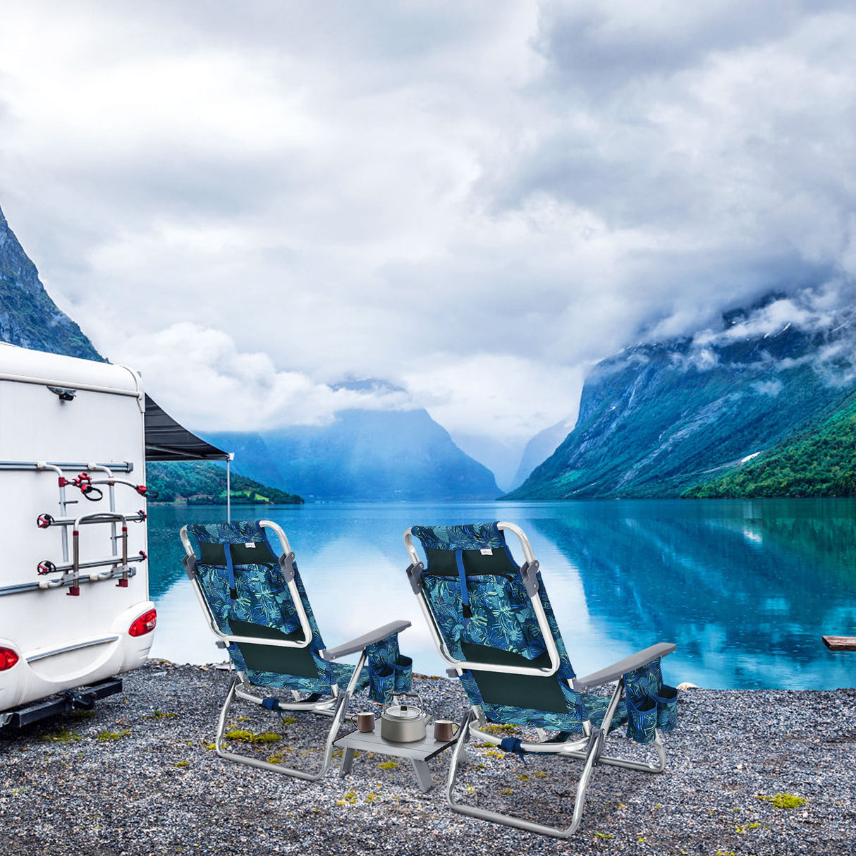 2 Packs 5-Position Outdoor Folding Backpack Beach Table Chair Reclining Chair Set