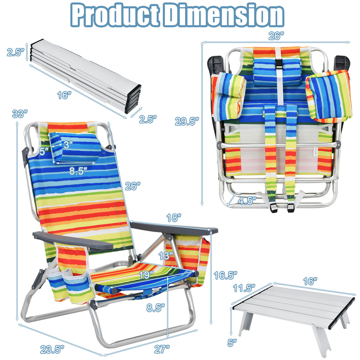 2 Packs 5-Position Outdoor Folding Backpack Beach Table Chair Reclining Chair Set