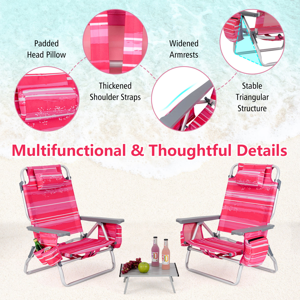 2 Packs 5-Position Outdoor Folding Backpack Beach Table Chair Reclining Chair Set