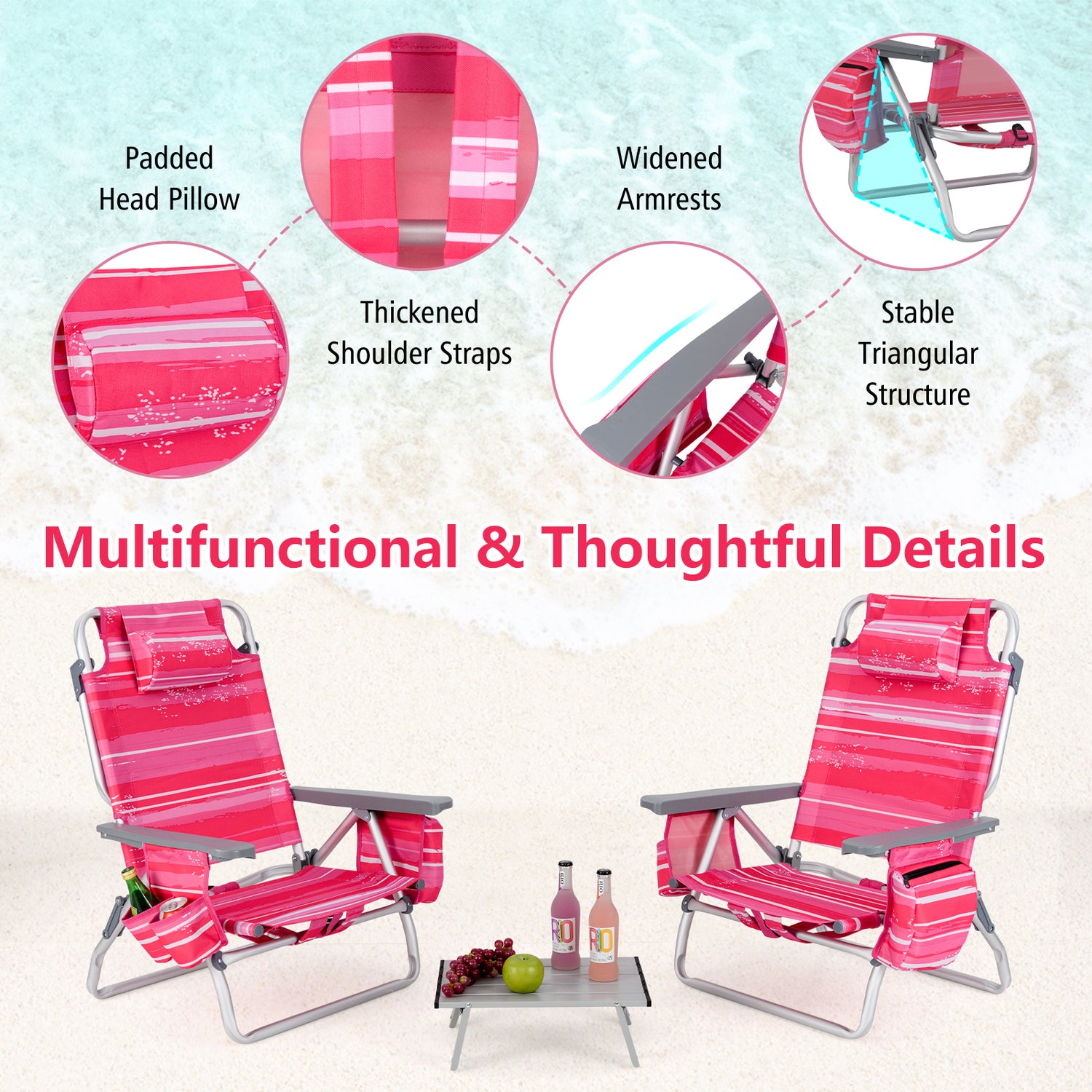 2 Packs 5-Position Outdoor Folding Backpack Beach Table Chair Reclining Chair Set