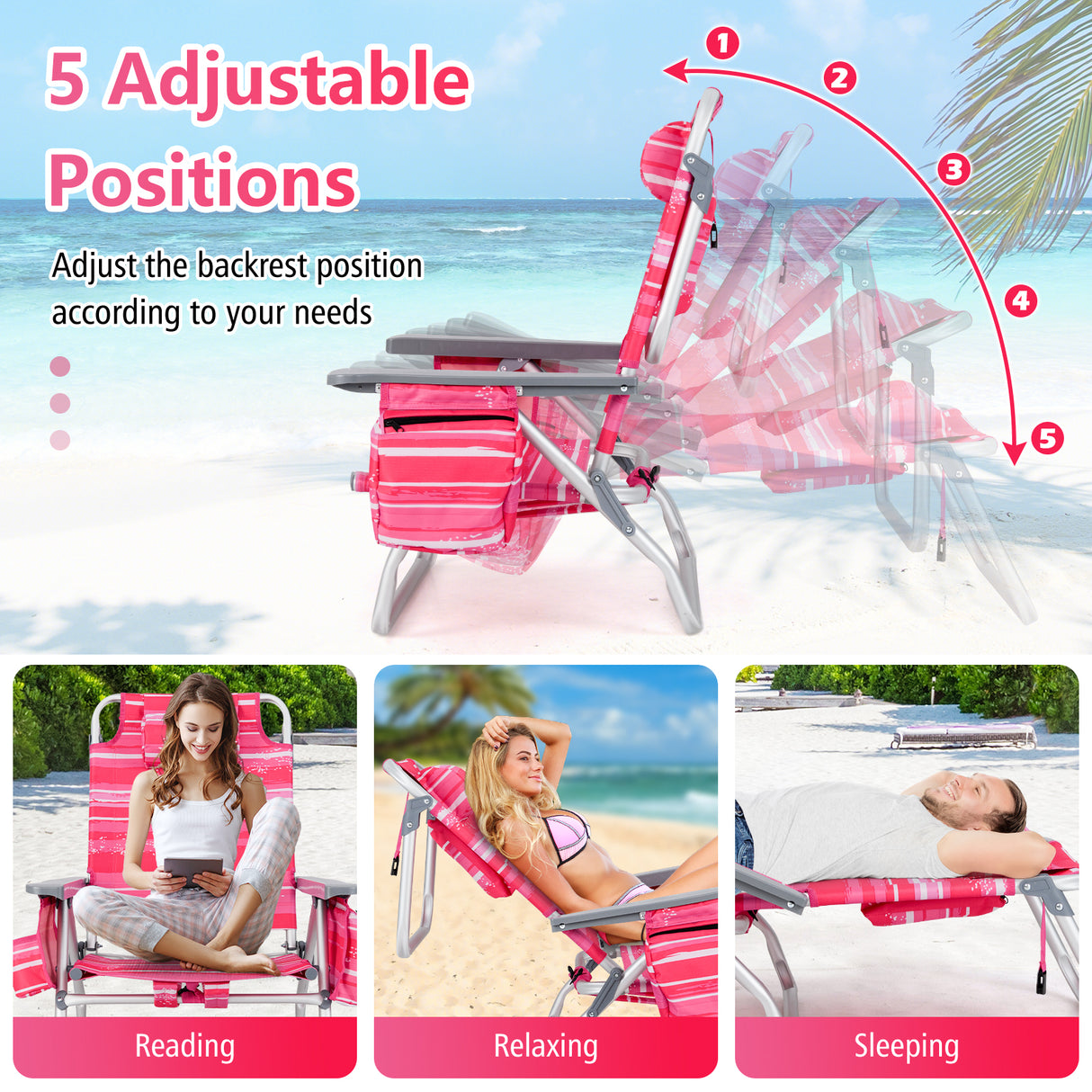 2 Packs 5-Position Outdoor Folding Backpack Beach Table Chair Reclining Chair Set