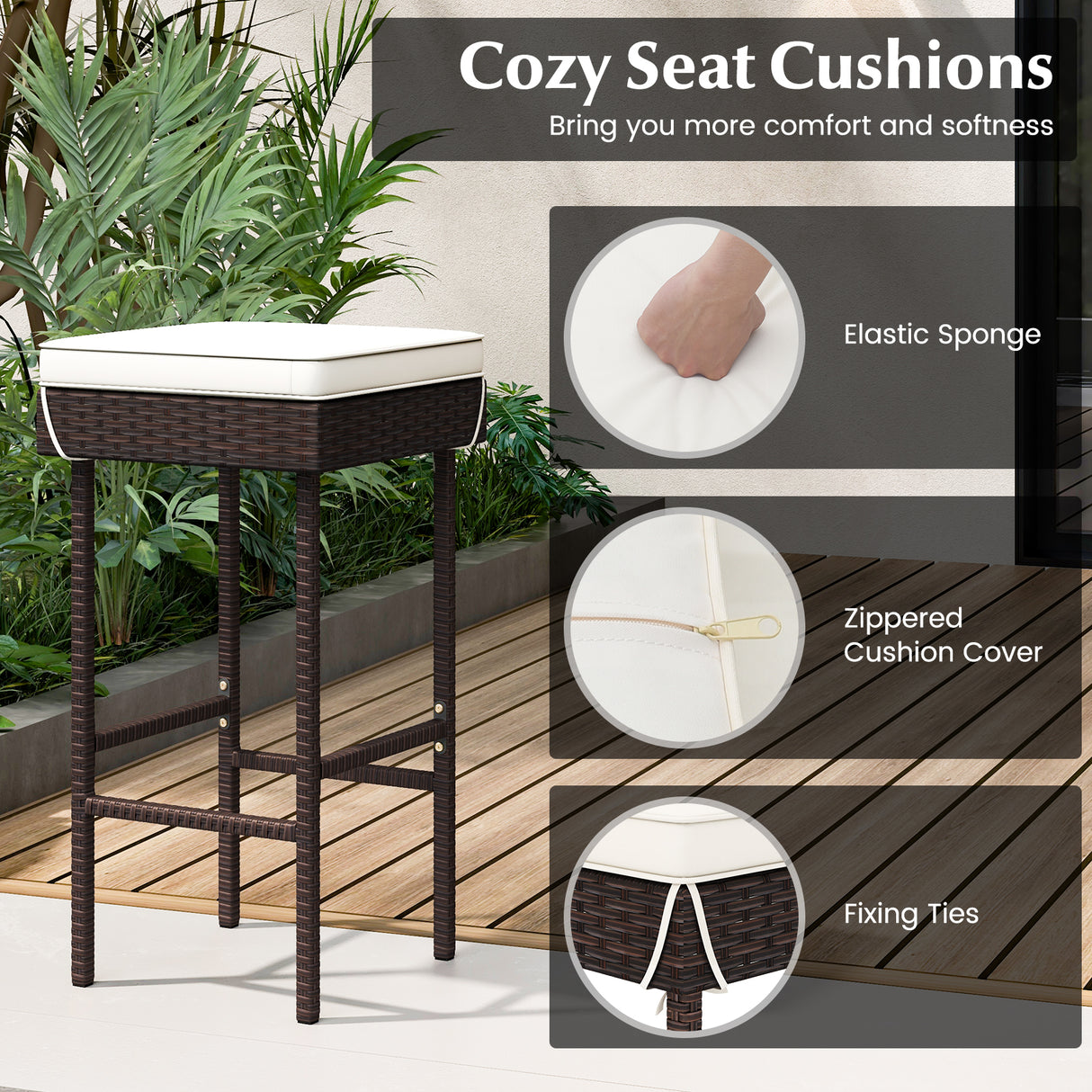 Patio Rattan Barstools Set of 2/4 with Footrest and Soft Cushions for Backyard Balcony
