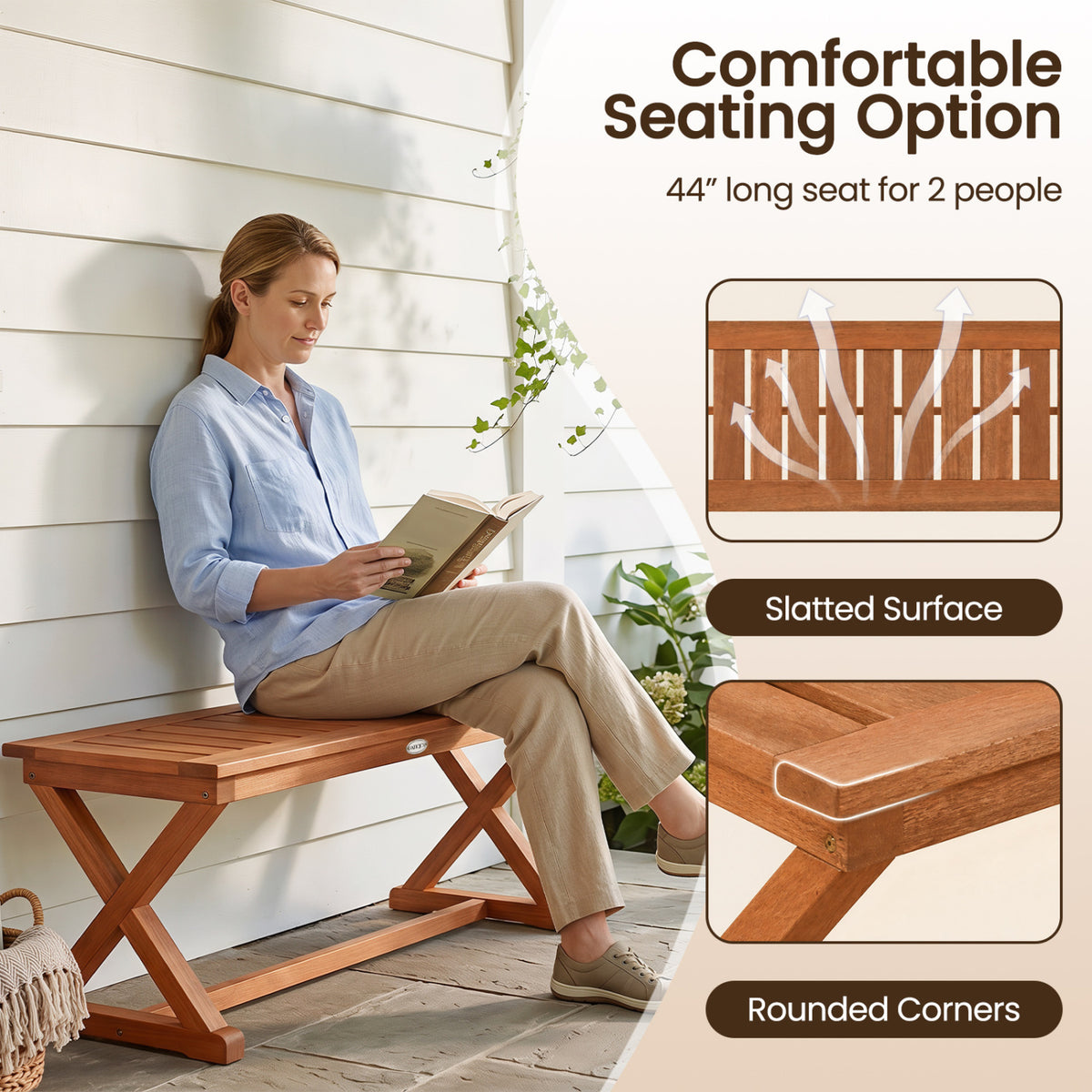 2-Person 44" Solid Wood Outdoor Bench with Slatted Seat for Patio Park Balcony-2/Balcony-1 Piece