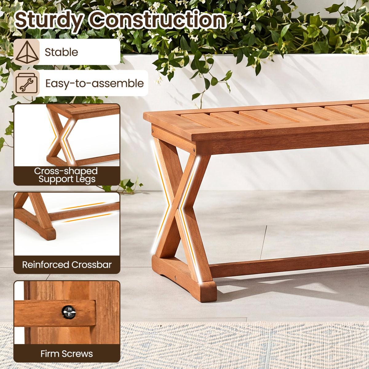 2-Person 44" Solid Wood Outdoor Bench with Slatted Seat for Patio Park Balcony-2/Balcony-1 Piece
