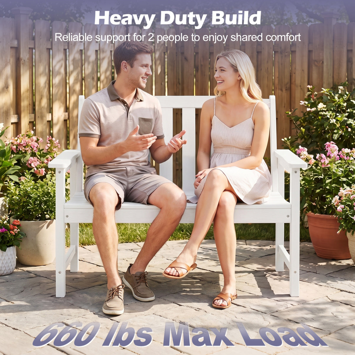 2-Person All Weather HDPE Outdoor Garden Bench with Backrest and Armrests
