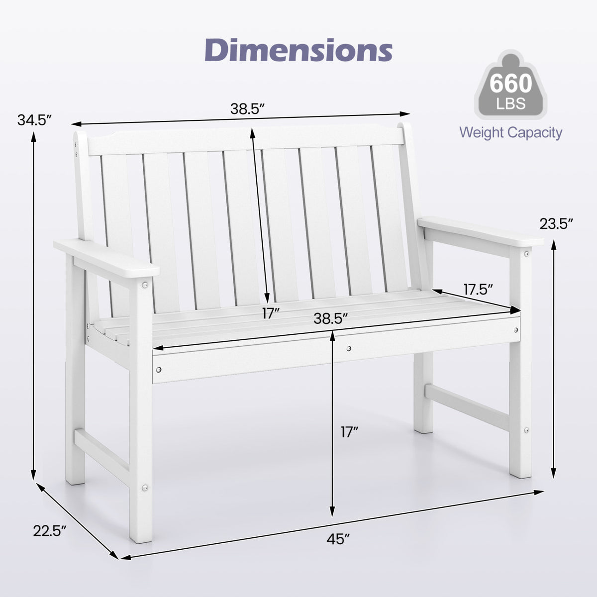 2-Person All Weather HDPE Outdoor Garden Bench with Backrest and Armrests