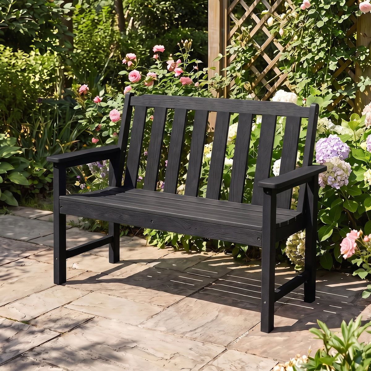 2-Person All Weather HDPE Outdoor Garden Bench with Backrest and Armrests