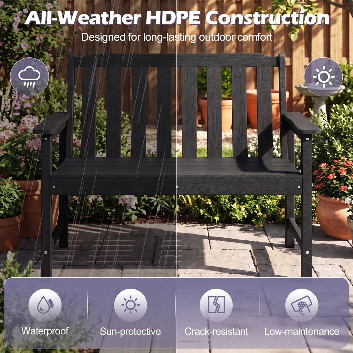 2-Person All Weather HDPE Outdoor Garden Bench with Backrest and Armrests