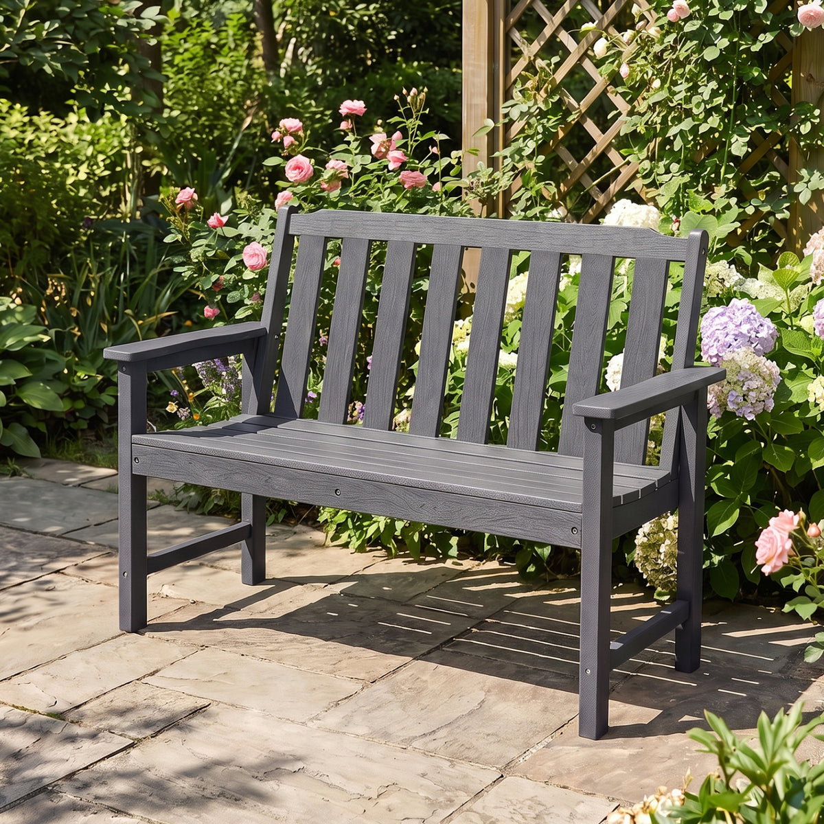 2-Person All Weather HDPE Outdoor Garden Bench with Backrest and Armrests