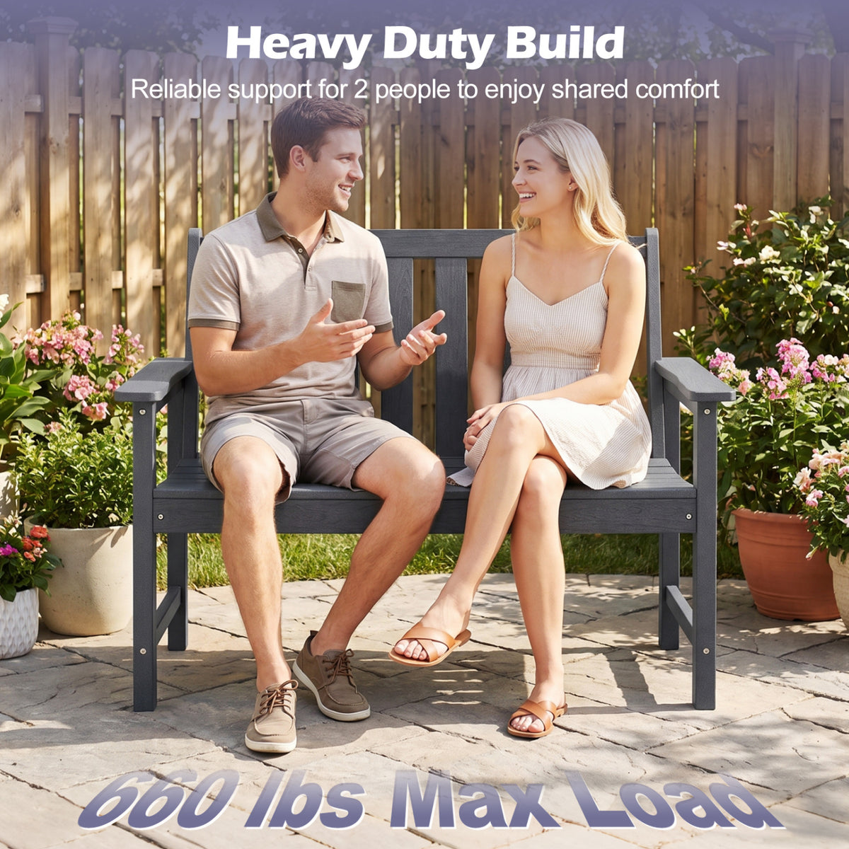 2-Person All Weather HDPE Outdoor Garden Bench with Backrest and Armrests