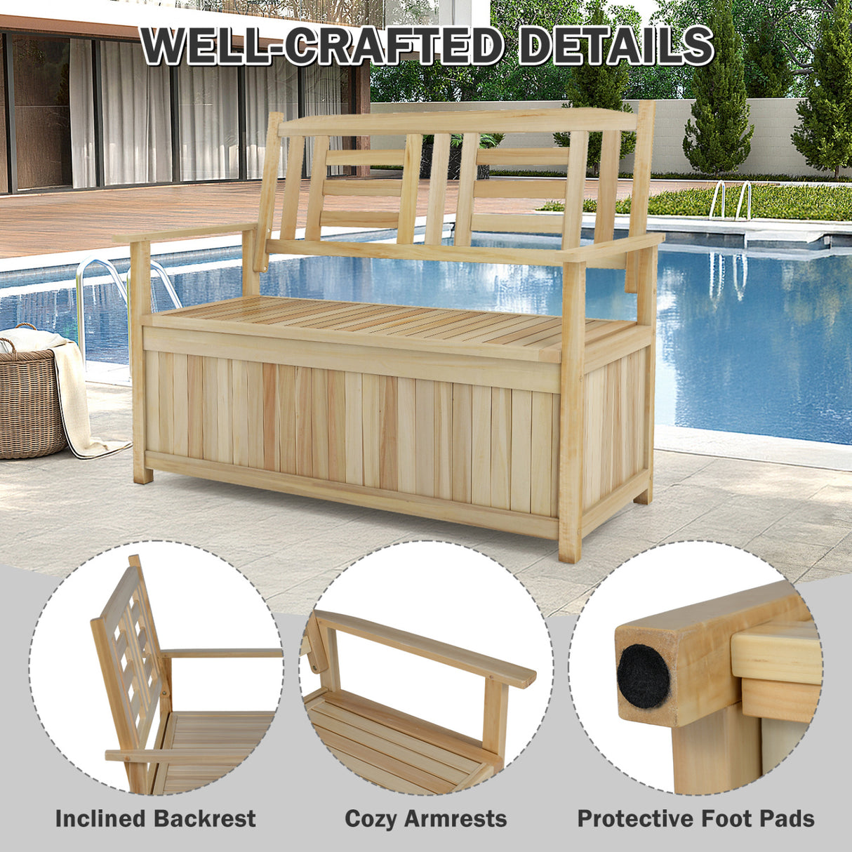 2-Person Garden Bench with 49 Gal Storage Bench and Backrest ï»¿-Natural