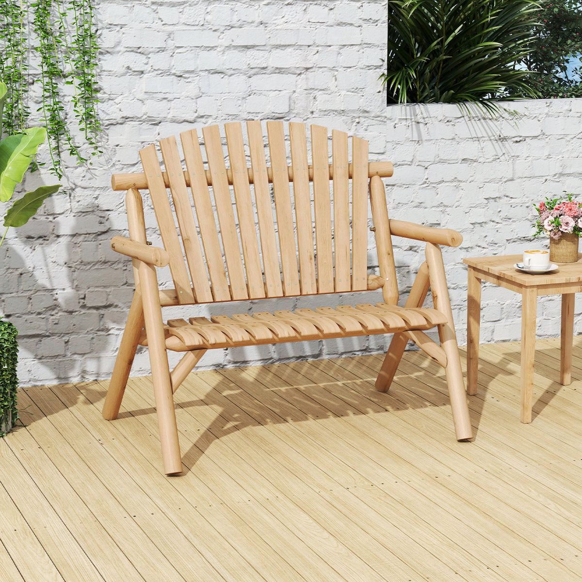2-Person Log Wood Patio Bench with Slatted Backrest for Deck Backyard