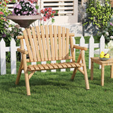 2-Person Log Wood Patio Bench with Slatted Backrest for Deck Backyard