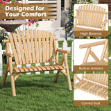 2-Person Log Wood Patio Bench with Slatted Backrest for Deck Backyard