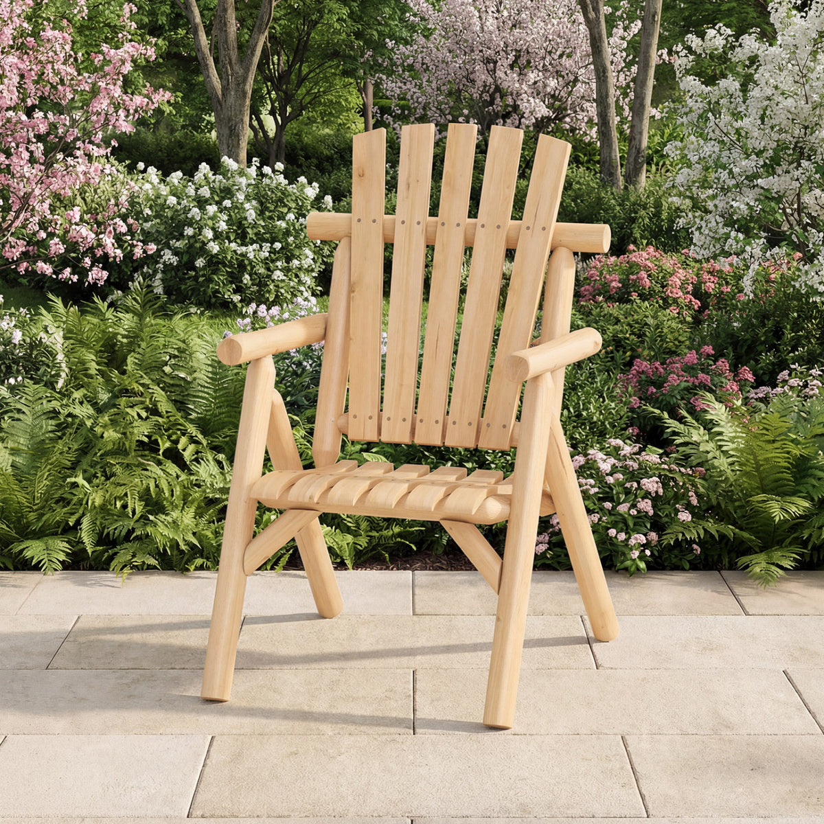 Log Wood Patio Chair with Slatted Backrest for Deck Backyard