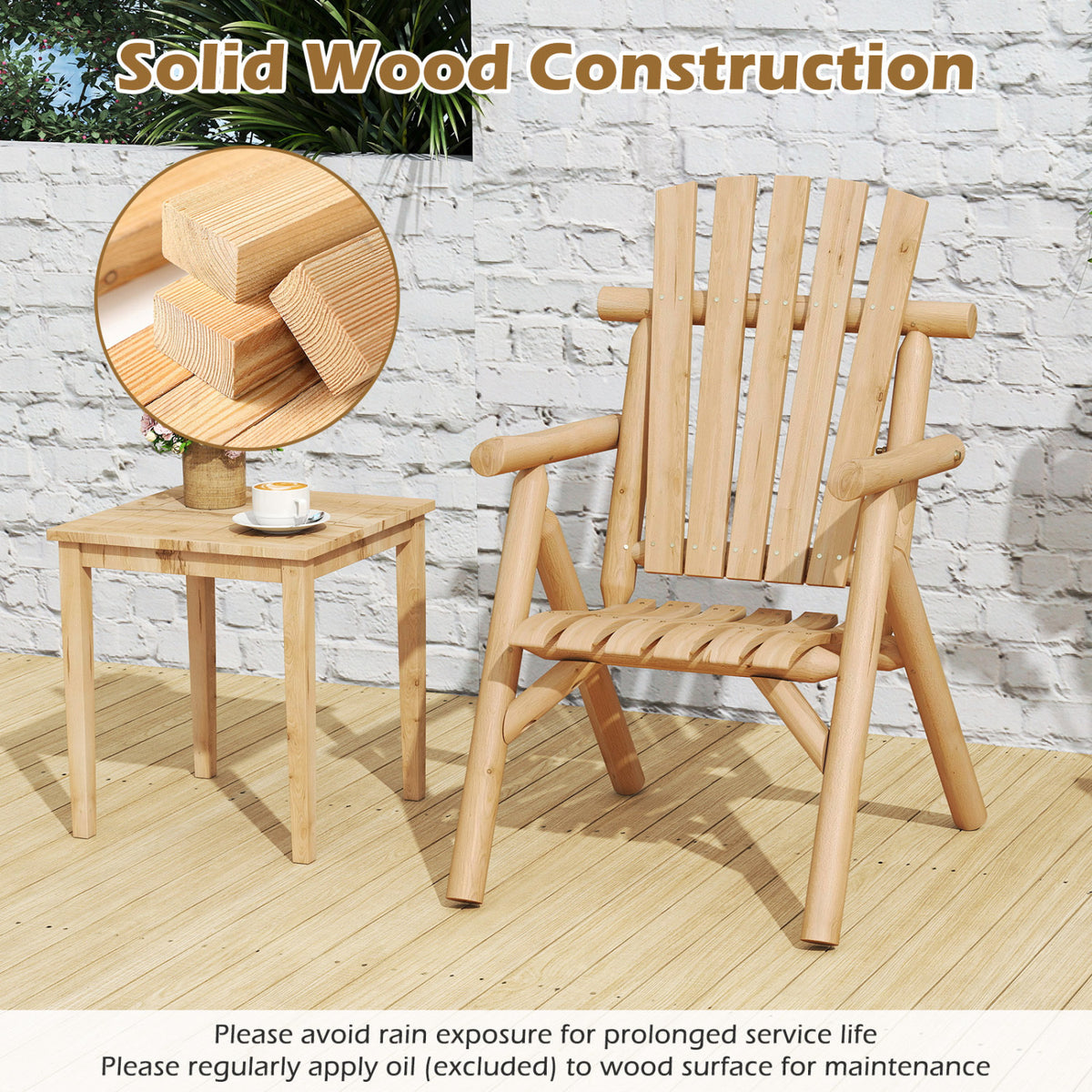 Log Wood Patio Chair with Slatted Backrest for Deck Backyard