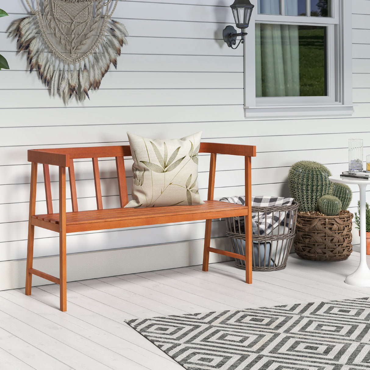 Outdoor Eucalyptus Wood Bench with Backrest and Armrests