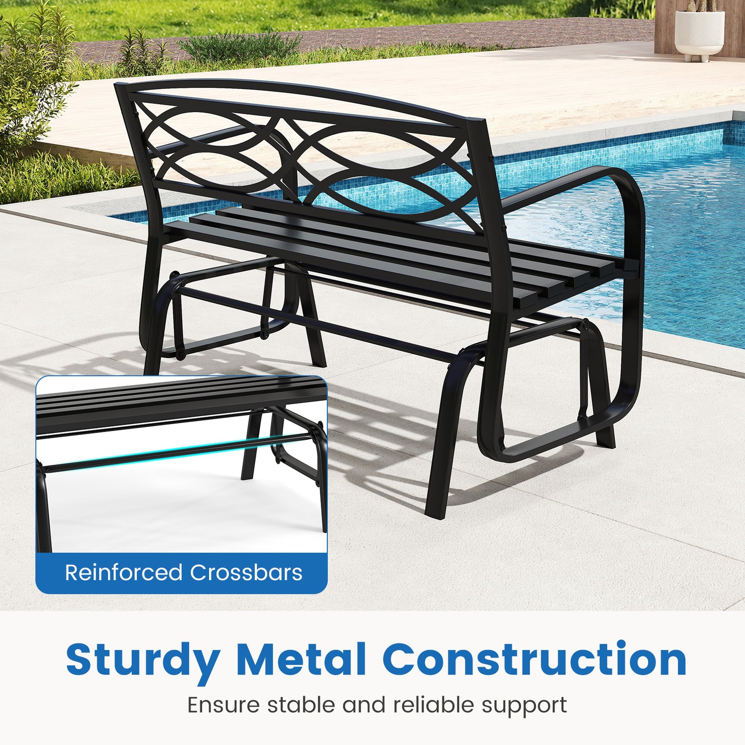 2-Person Outdoor Glider Bench with Metal Frame-Black
