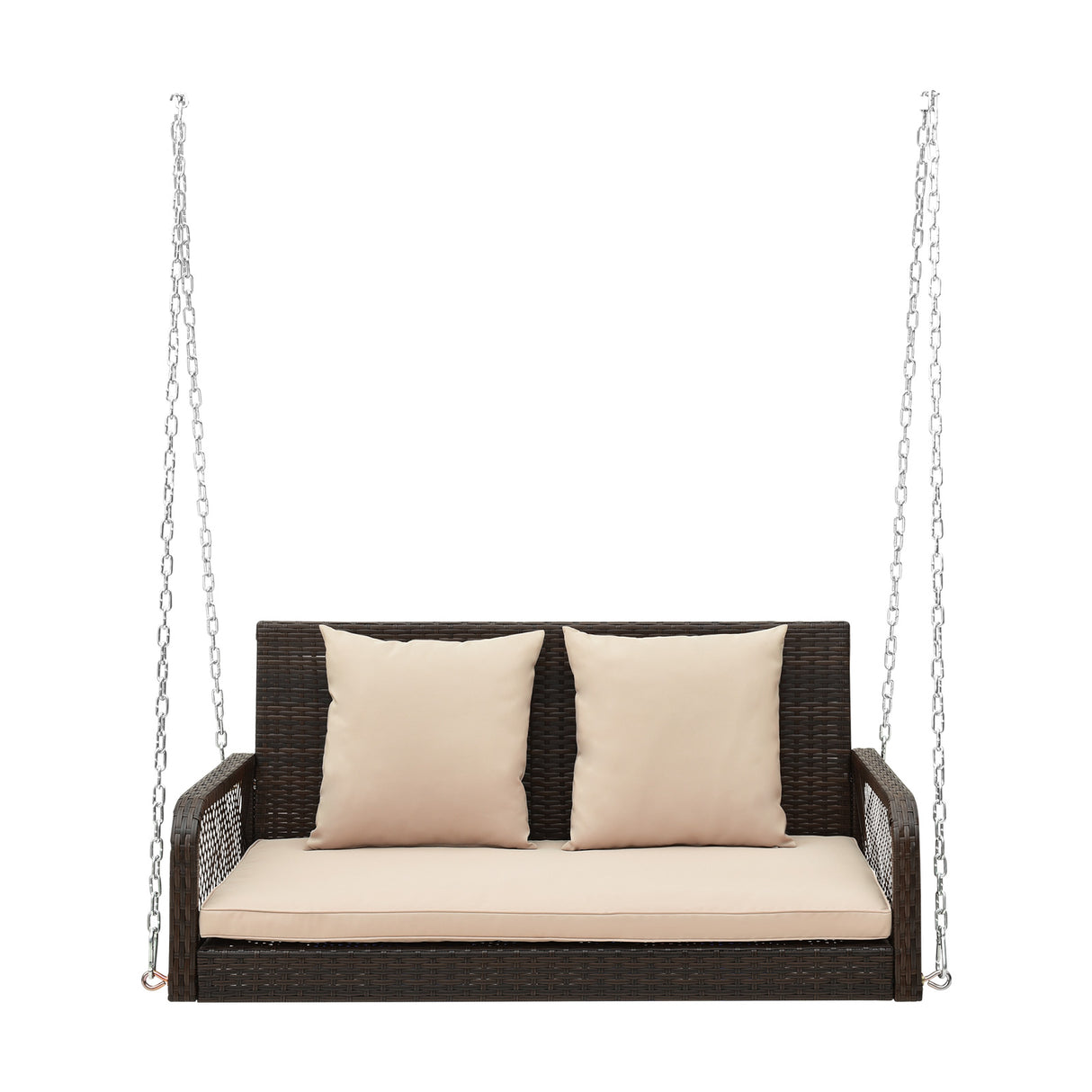 2-Person Outdoor Wicker Porch Swing with Seat and Back Cushions-Beige