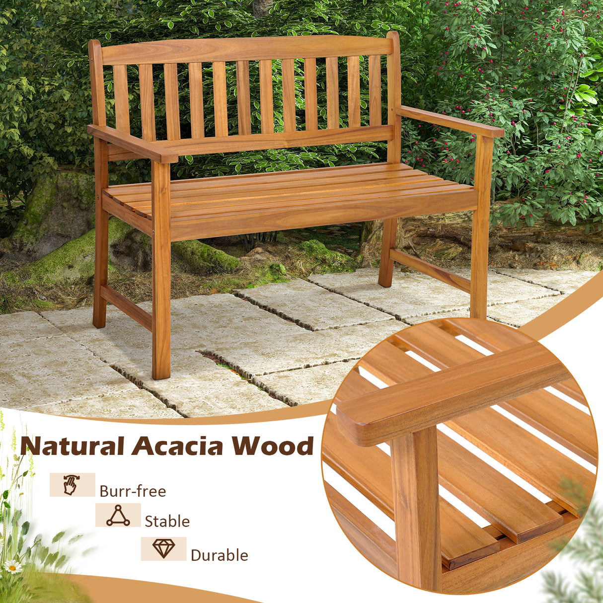 2-Person Patio Acacia Wood Bench with Backrest and Armrests
