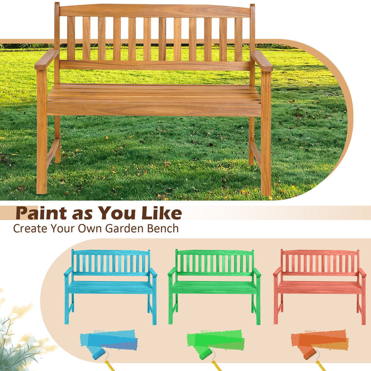 2-Person Patio Acacia Wood Bench with Backrest and Armrests