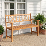 2-Person Patio Acacia Wood Garden Chair with Armrests and X-Shaped Backrest for Garden