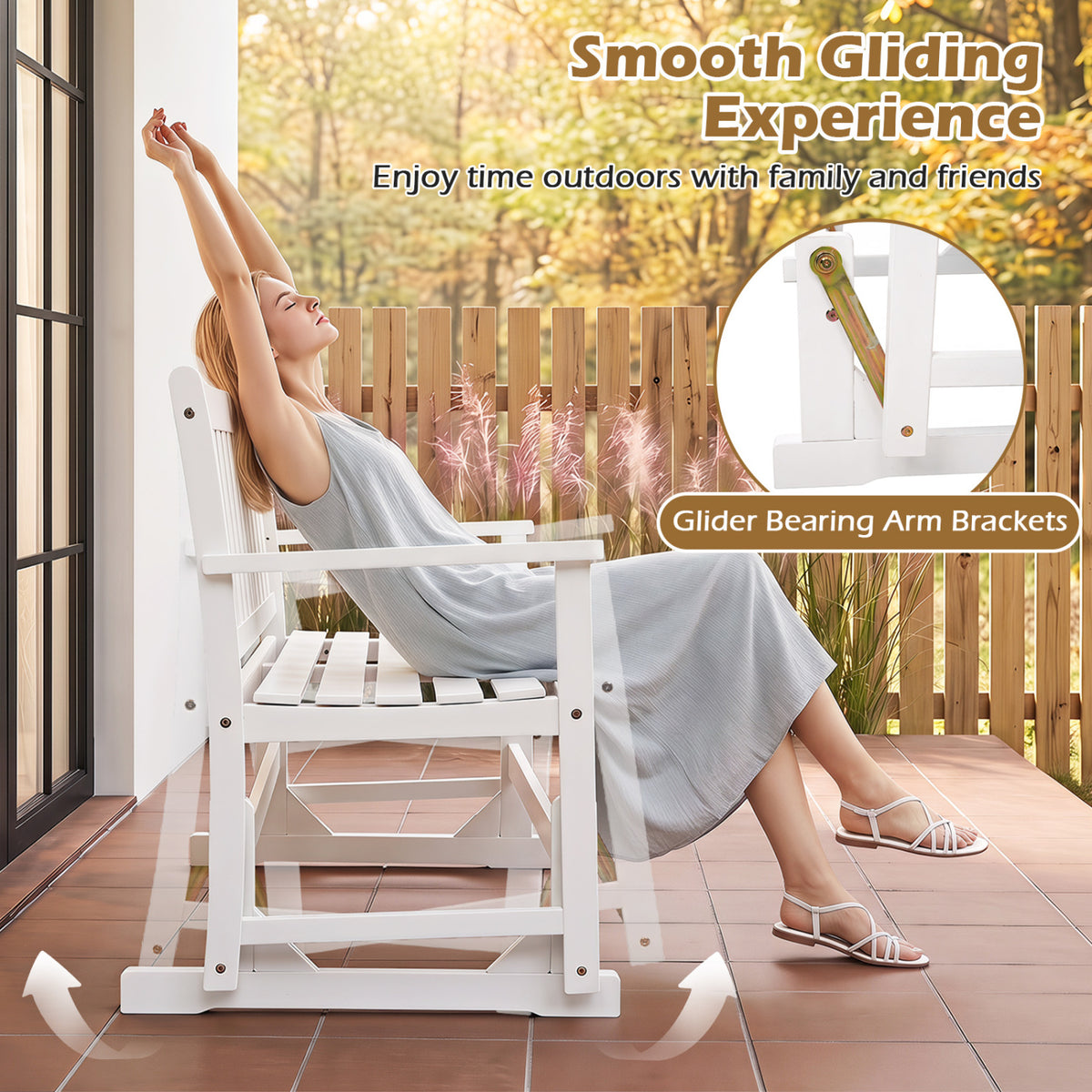 2-Person Patio Acacia Wood Glider Chair with Armrests for Porch Garden-White