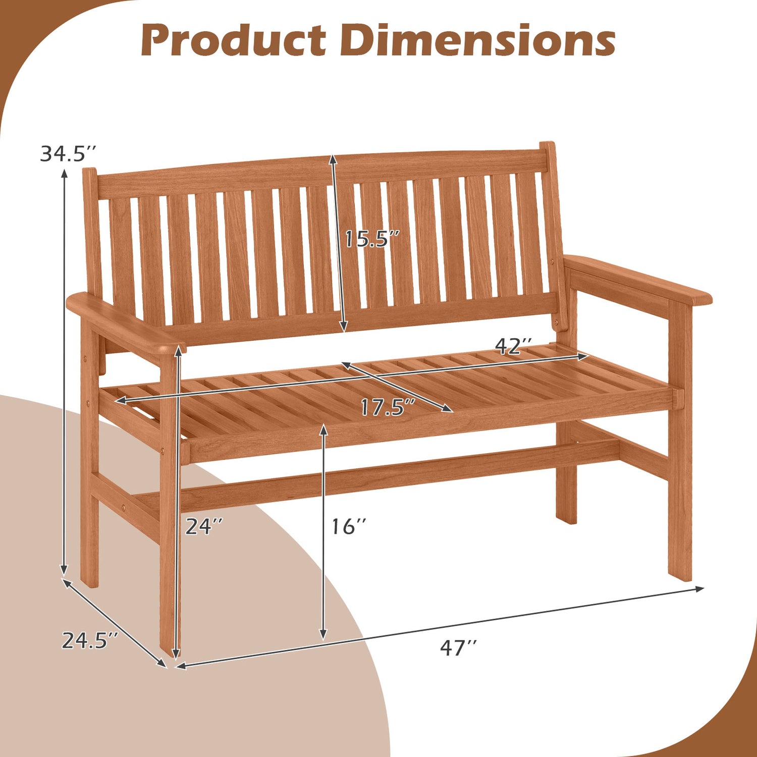 2-Person Patio Loveseat with Slatted Backrest and Comfortable Armrests