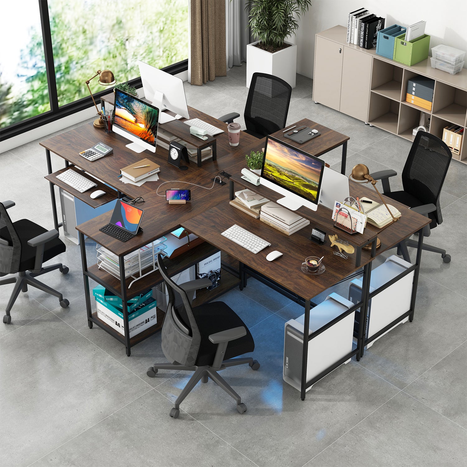 2-Person Reversible Computer Desk Long Office Desk with LED Lights