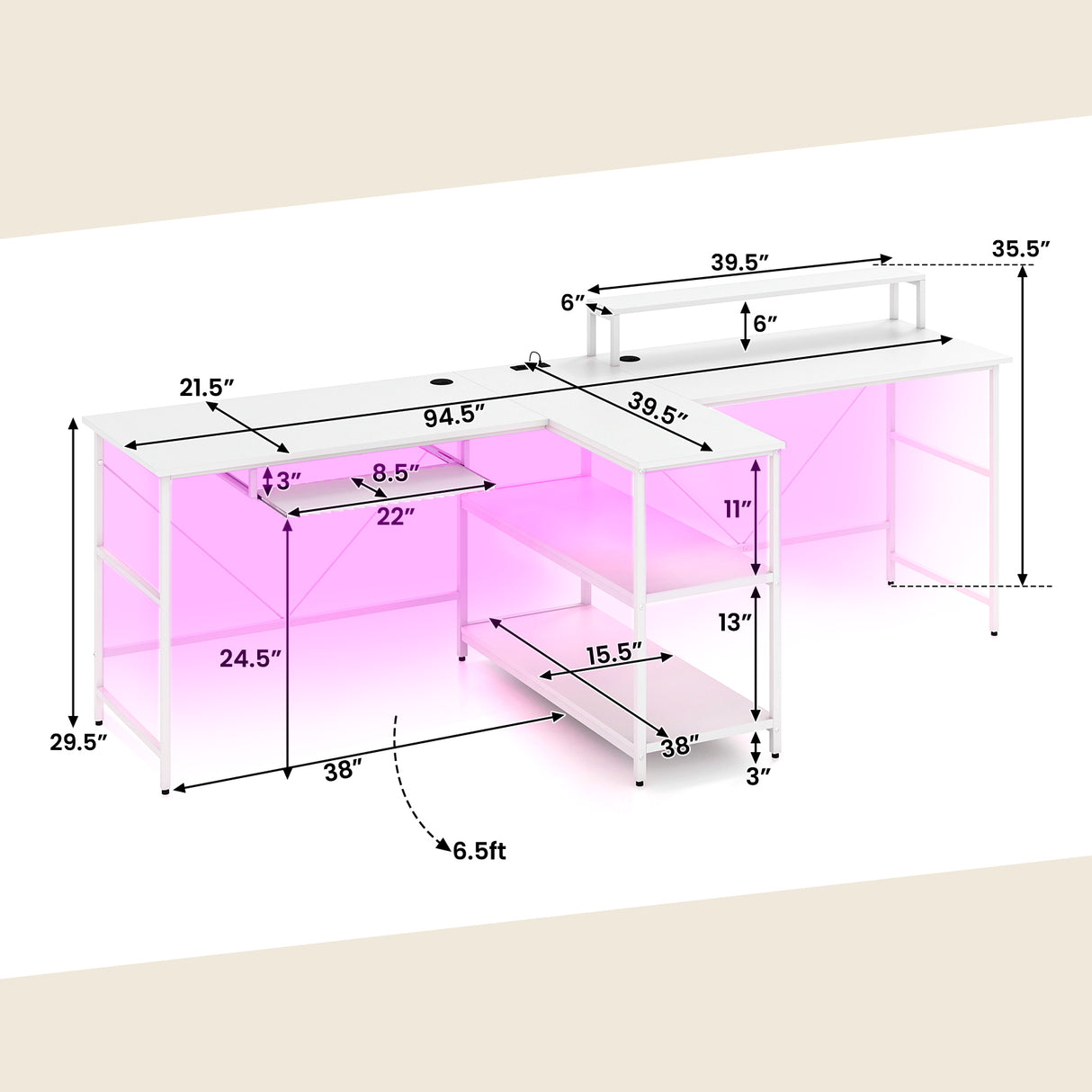 2-Person Reversible Computer Desk Long Office Desk with LED Lights