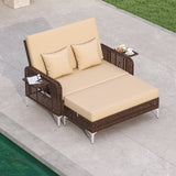 2 Piece Patio Rattan Daybed Wicker Loveseat and Ottoman with Adjustable Backrest