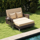 2 Piece Patio Rattan Daybed Wicker Loveseat and Ottoman with Adjustable Backrest