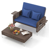 2 Piece Patio Rattan Daybed Wicker Loveseat and Ottoman with Adjustable Backrest