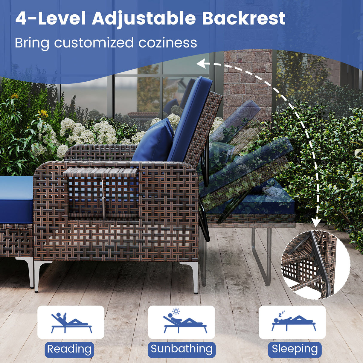 2 Piece Patio Rattan Daybed Wicker Loveseat and Ottoman with Adjustable Backrest